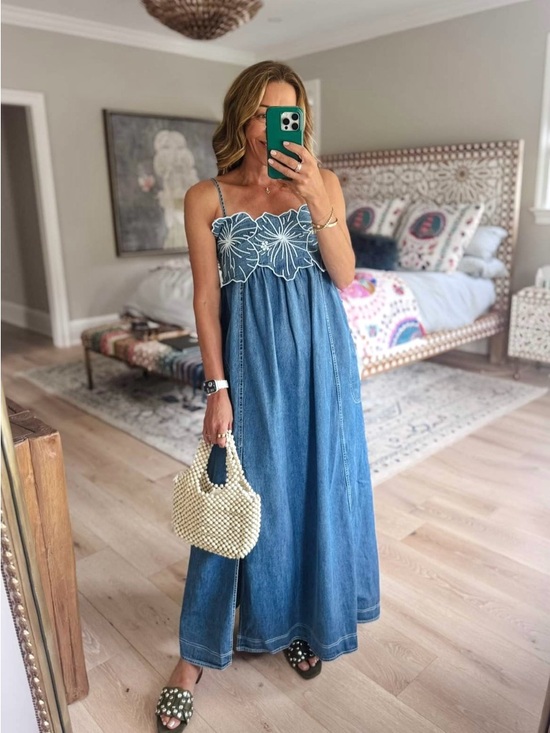 Anthropologie Dresses & Skirts - Anthropologie Pilcro Light Denim Floral Appliqué Maxi Dress Size Medium NWT